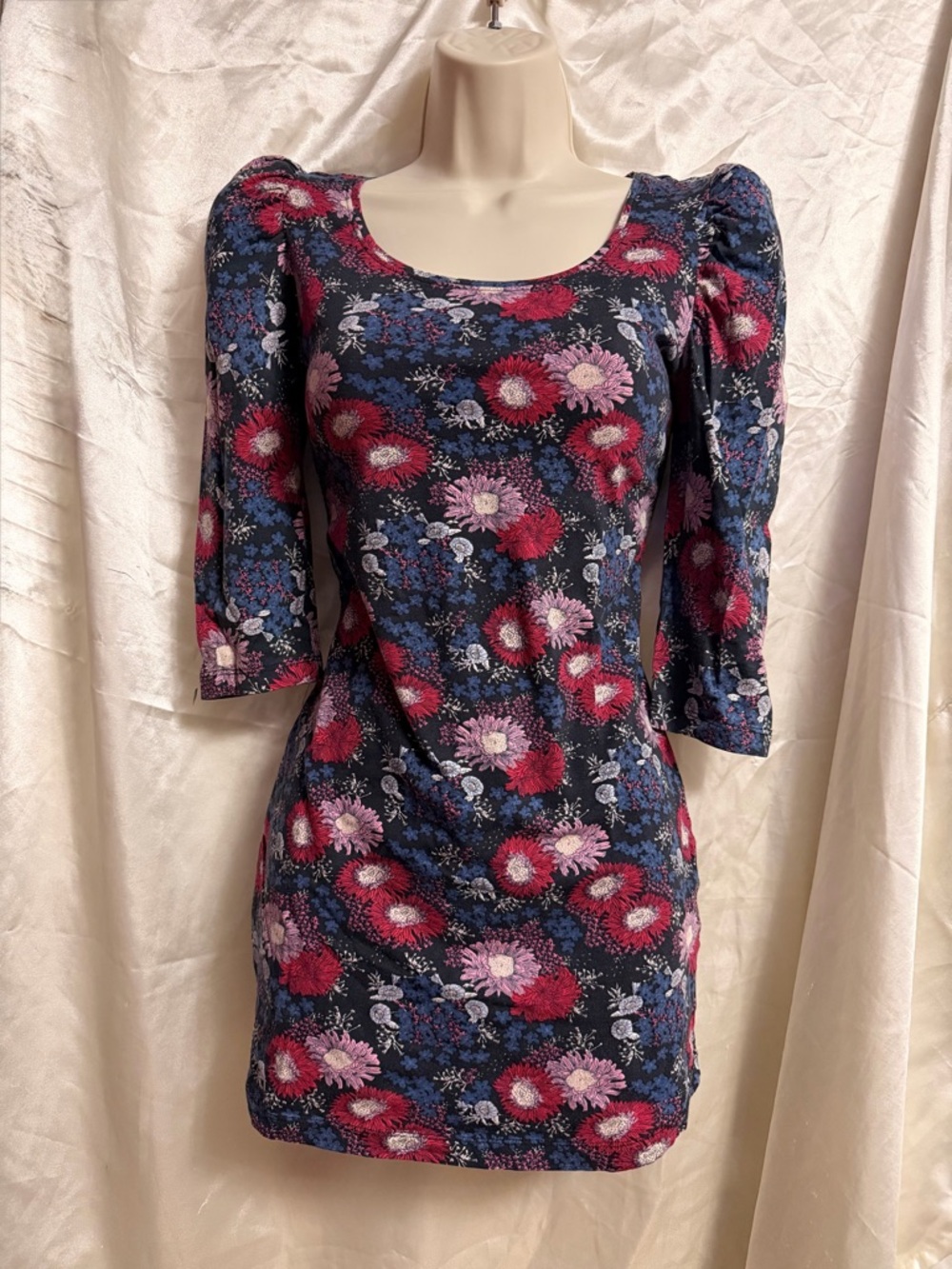 Navy Mini Dress with Pink and Red Floral Print